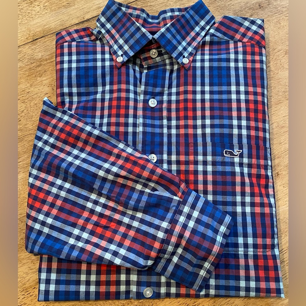 Vineyard Vines Men’s Small Tucker Shirt Navy/Red Plaid Long Sleeve Button Down‎